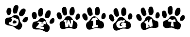 The image shows a series of animal paw prints arranged in a horizontal line. Each paw print contains a letter, and together they spell out the word Dewight.
