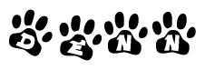 The image shows a row of animal paw prints, each containing a letter. The letters spell out the word Denn within the paw prints.