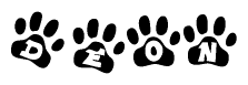 The image shows a row of animal paw prints, each containing a letter. The letters spell out the word Deon within the paw prints.