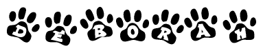 The image shows a series of animal paw prints arranged in a horizontal line. Each paw print contains a letter, and together they spell out the word Deborah.