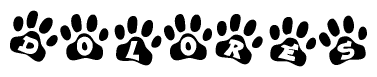 The image shows a series of animal paw prints arranged in a horizontal line. Each paw print contains a letter, and together they spell out the word Dolores.