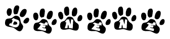 The image shows a row of animal paw prints, each containing a letter. The letters spell out the word Denene within the paw prints.