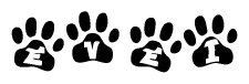 The image shows a row of animal paw prints, each containing a letter. The letters spell out the word Evei within the paw prints.