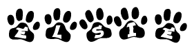 The image shows a series of animal paw prints arranged in a horizontal line. Each paw print contains a letter, and together they spell out the word Elsie.