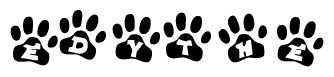 The image shows a series of animal paw prints arranged in a horizontal line. Each paw print contains a letter, and together they spell out the word Edythe.