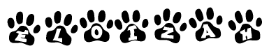 The image shows a series of animal paw prints arranged in a horizontal line. Each paw print contains a letter, and together they spell out the word Eloizah.