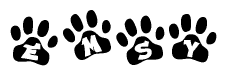 The image shows a row of animal paw prints, each containing a letter. The letters spell out the word Emsy within the paw prints.