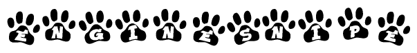 The image shows a series of animal paw prints arranged in a horizontal line. Each paw print contains a letter, and together they spell out the word Enginesnipe.