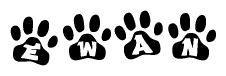 The image shows a series of animal paw prints arranged in a horizontal line. Each paw print contains a letter, and together they spell out the word Ewan.