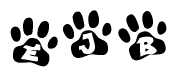 The image shows a series of animal paw prints arranged in a horizontal line. Each paw print contains a letter, and together they spell out the word Ejb.