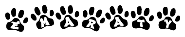 The image shows a series of animal paw prints arranged in a horizontal line. Each paw print contains a letter, and together they spell out the word Emaraty.
