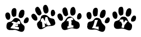 The image shows a series of animal paw prints arranged in a horizontal line. Each paw print contains a letter, and together they spell out the word Emily.