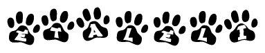 The image shows a series of animal paw prints arranged horizontally. Within each paw print, there's a letter; together they spell Etaleli