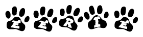 The image shows a series of animal paw prints arranged in a horizontal line. Each paw print contains a letter, and together they spell out the word Eerie.