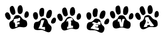 The image shows a series of animal paw prints arranged horizontally. Within each paw print, there's a letter; together they spell Flieva