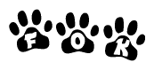 The image shows a series of animal paw prints arranged in a horizontal line. Each paw print contains a letter, and together they spell out the word Fok.