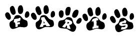 The image shows a series of animal paw prints arranged in a horizontal line. Each paw print contains a letter, and together they spell out the word Faris.