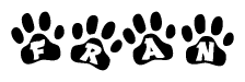 The image shows a series of animal paw prints arranged in a horizontal line. Each paw print contains a letter, and together they spell out the word Fran.