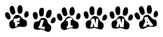 The image shows a series of animal paw prints arranged horizontally. Within each paw print, there's a letter; together they spell Flinna