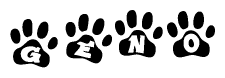 The image shows a series of animal paw prints arranged in a horizontal line. Each paw print contains a letter, and together they spell out the word Geno.