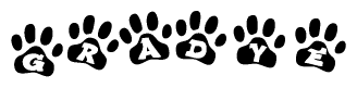 The image shows a series of animal paw prints arranged in a horizontal line. Each paw print contains a letter, and together they spell out the word Gradye.