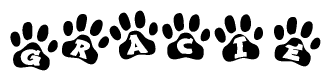 The image shows a series of animal paw prints arranged horizontally. Within each paw print, there's a letter; together they spell Gracie