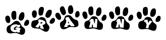 The image shows a series of animal paw prints arranged in a horizontal line. Each paw print contains a letter, and together they spell out the word Granny.