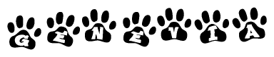 The image shows a series of animal paw prints arranged horizontally. Within each paw print, there's a letter; together they spell Genevia