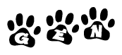 The image shows a series of animal paw prints arranged in a horizontal line. Each paw print contains a letter, and together they spell out the word Gen.