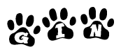 The image shows a series of animal paw prints arranged horizontally. Within each paw print, there's a letter; together they spell Gin