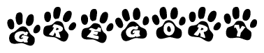The image shows a series of animal paw prints arranged horizontally. Within each paw print, there's a letter; together they spell Gregory