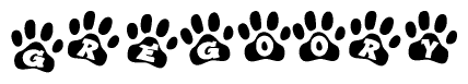 The image shows a row of animal paw prints, each containing a letter. The letters spell out the word Gregoory within the paw prints.