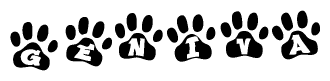 The image shows a series of animal paw prints arranged horizontally. Within each paw print, there's a letter; together they spell Geniva