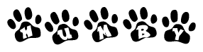 The image shows a series of animal paw prints arranged in a horizontal line. Each paw print contains a letter, and together they spell out the word Humby.