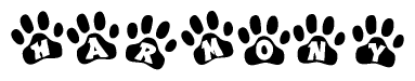   The image shows a row of animal paw prints, each containing a letter. The letters spell out the word Harmony within the paw prints. 