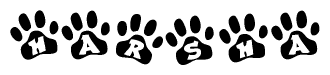 The image shows a series of animal paw prints arranged in a horizontal line. Each paw print contains a letter, and together they spell out the word Harsha.