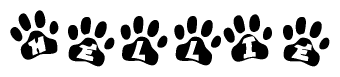 The image shows a series of animal paw prints arranged in a horizontal line. Each paw print contains a letter, and together they spell out the word Hellie.