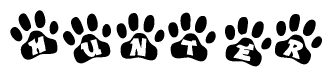 The image shows a series of animal paw prints arranged in a horizontal line. Each paw print contains a letter, and together they spell out the word Hunter.