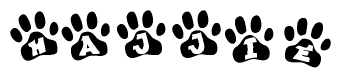 The image shows a series of animal paw prints arranged in a horizontal line. Each paw print contains a letter, and together they spell out the word Hajjie.