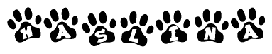The image shows a series of animal paw prints arranged in a horizontal line. Each paw print contains a letter, and together they spell out the word Haslina.
