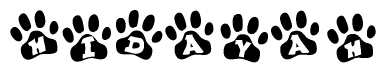The image shows a series of animal paw prints arranged horizontally. Within each paw print, there's a letter; together they spell Hidayah