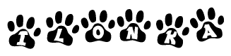 The image shows a series of animal paw prints arranged horizontally. Within each paw print, there's a letter; together they spell Ilonka