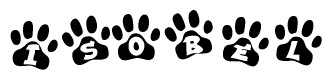 The image shows a row of animal paw prints, each containing a letter. The letters spell out the word Isobel within the paw prints.