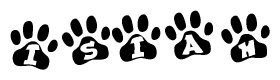 The image shows a row of animal paw prints, each containing a letter. The letters spell out the word Isiah within the paw prints.