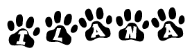 The image shows a series of animal paw prints arranged horizontally. Within each paw print, there's a letter; together they spell Ilana