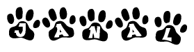 The image shows a series of animal paw prints arranged in a horizontal line. Each paw print contains a letter, and together they spell out the word Janal.