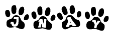 The image shows a series of animal paw prints arranged horizontally. Within each paw print, there's a letter; together they spell Jnay