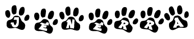 The image shows a series of animal paw prints arranged in a horizontal line. Each paw print contains a letter, and together they spell out the word Jenerra.