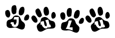 The image shows a series of animal paw prints arranged horizontally. Within each paw print, there's a letter; together they spell Julu