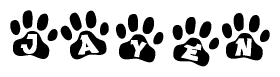 The image shows a series of animal paw prints arranged in a horizontal line. Each paw print contains a letter, and together they spell out the word Jayen.